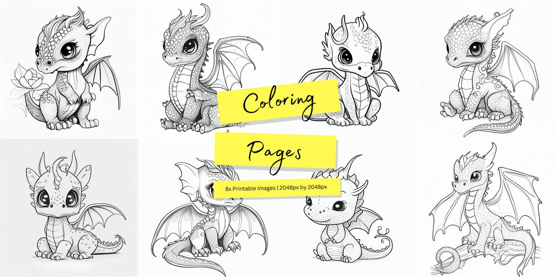 8x Cute Dragon Coloring Pages Adults Kids Instant - Etsy