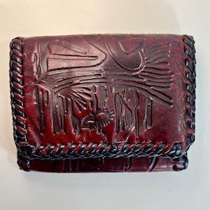 Cartera de piel vintage, burdeos, marrón y negro