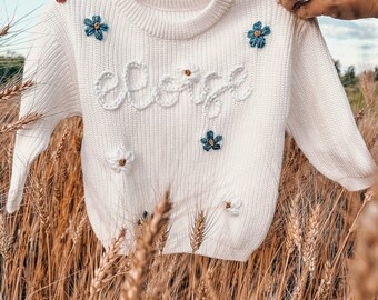 Personalized Hand Embroidered Sweater - Custom Baby Name Sweater - Stitched Name Sweater - Keepsake Sweater - Coming Home Outfit