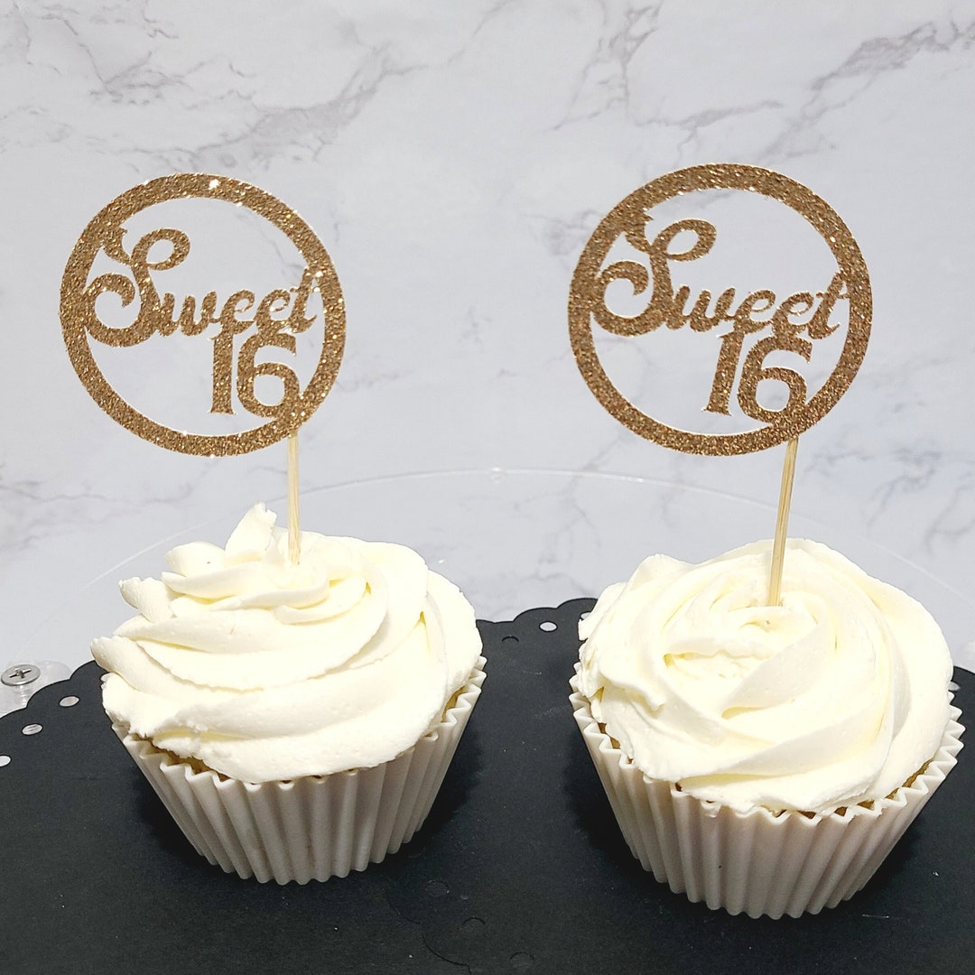 Sweet 16 Gold Glitter Cupcake Toppers Sweet 16 Birthday Party Sweet 16 ...