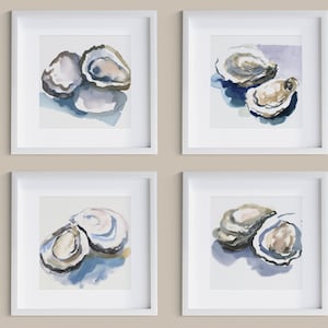 Arte minimalista, arte de ostra elegante para impressão, conjunto de 4, ostras em aquarela minimalistas, casa de praia, concha, frutos do mar, cozinha