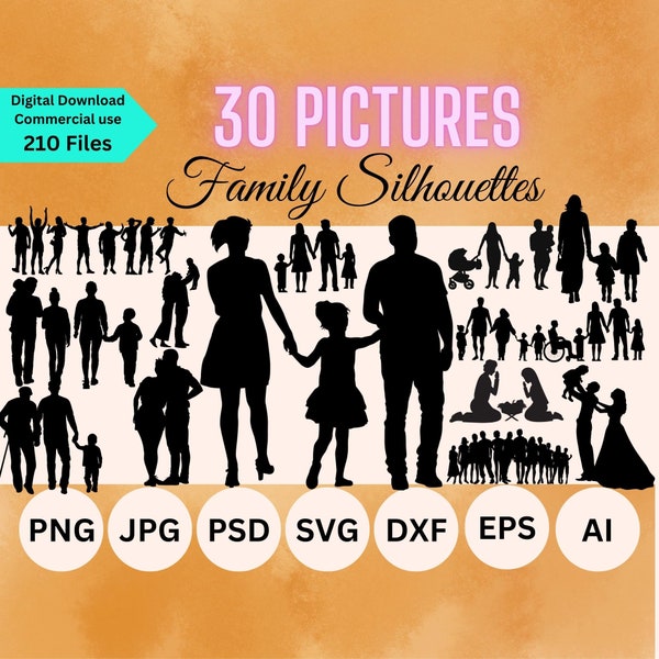 Family SVG Bundle - Silhouettes, Clipart, Cut Files for Cricut - Téléchargement instantané png, eps, dxf, svg - Maman, Papa, Noël Famille Design