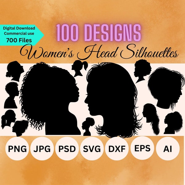 Woman and Girl Head Silhouette SVG Bundle Cameo, Hair, Ponytail, Diverse Profiles, African American, dxf png jpg ai, Woman Silhouette, EPS