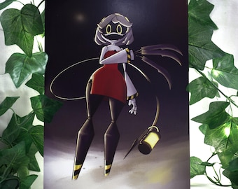 May include: Illustration of a robot character with a red dress, white sleeves, and black legs. The robot has a white face with yellow eyes and a gray head. It has a claw-like arm and a lantern. The background is dark.