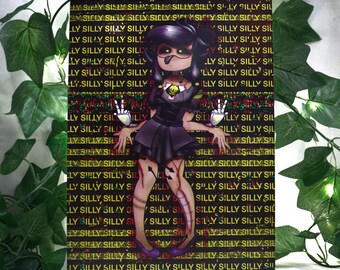 May include: A digital illustration of a cartoon character with black hair and a black dress. The character has a white mask with black eyes and a red mouth. The background is a repeating pattern of the words "silly" in yellow and red.