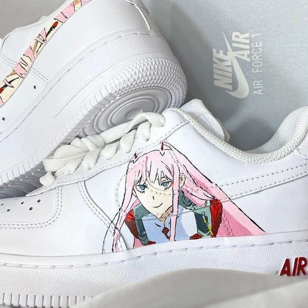 Zero Two - Anime Custom Air Force 1 - Chéri dans le Franxx | Conception personnalisée AF1 peinte à la main | Chaussures personnalisées esthétiques