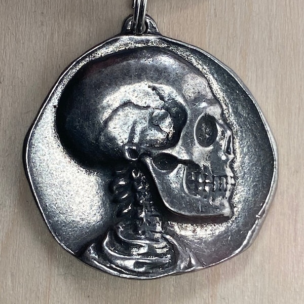 Skull Coin Pirate Treasure Memento Mori Antiqued Pewter Pendant