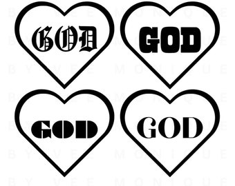GOD in Heart with 4 different Fonts