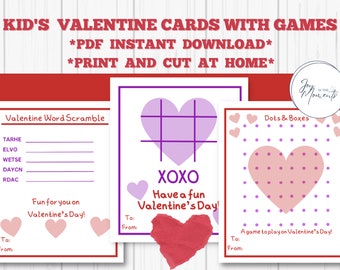 Kid's Valentine cards, School/Classroom Valentines, Exchange cards, Valentine Tic Tac Toe, Printable Valentine kid's class, Word Scramble
