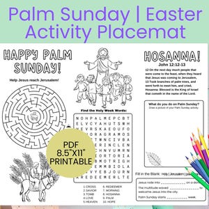 Palm Sunday activity, Holy Week for kids, Easter placemat, Sunday School activity, Holy Week Printable, Jesus Easter, Word Search, Maze