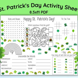 Op de afbeelding: Een printbaar St. Patrick's Day-activiteitenblad voor kinderen. Het blad bevat een stippen-tot-stippen-spel, een doolhof, een tic-tac-toe-spel, een woordzoeker en een ik-zie-spel. Het blad is versierd met klavertjesvier, regenbogen en kabouters.