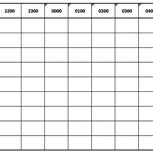 Könnte beinhalten: Ein schwarz-weißes Rasterdiagramm mit den Überschriften "temp", "urine output" und "neuro check". Das Diagramm ist in 12 Spalten unterteilt, die jeweils einen Zeitraum von zwei Stunden von 20:00 bis 07:00 Uhr darstellen.