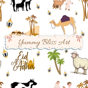 Può includere: Illustrazione festosa su sfondo bianco, con cammelli, palme, lanterne e una pecora. Sono presenti anche i testi "Yummy Bliss Art" e "Eid Al Adha". Il design ha un tema celebrativo.