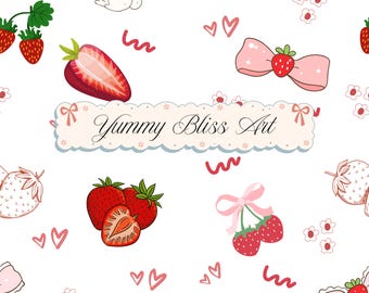 Patrón sin costuras de fresa / Papel digital de fruta linda PNG / Patrón de frutos rojos para tela, álbumes de recortes, papel tapiz, descarga digital