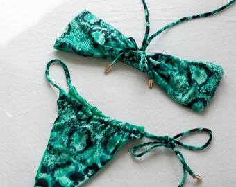 Rio Green Teal Bandeau Bikini Top, Handmade bikini, mob wife bikini, sustainable swimwear, one of kind bikini