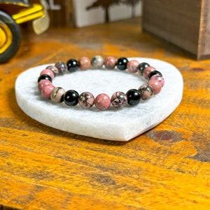 Rhodonite Bracelet | Empath Protection Bracelet | Rhodonite with Black Obsidian Grounding Bracelet | Stress Relief Gift