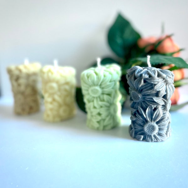 Sunflower Pillar Candle - Three Color Variations- Handcrafted Soy and Beeswax - Perfect for Spring Decor and Mothers Day