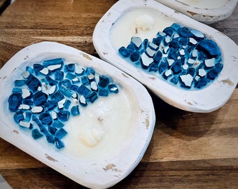 Coastal Themed Dough Bowl Soy Wax Candle with Fire Glass- Handpoured and Handcarved with Fireglass Mosaic Design - Firepit Candle - Beach