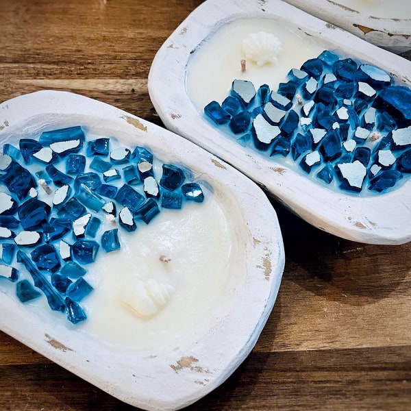 Coastal Themed Dough Bowl Soy Wax Candle with Fire Glass- Handpoured and Handcarved with Fireglass Mosaic Design - Firepit Candle - Beach