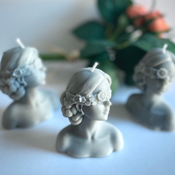 Victorian Flower Girl Bust Sculpture Candle in Grey