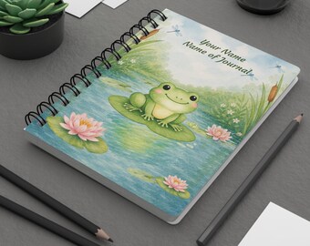 Personalize this journal!  Cute Frog on Lily Pad Journal | Spiral Bound Notebook, Watercolor Pond Design