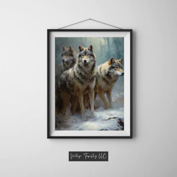 Whisper of the Wild - Captivating Wolf Pack Portrait, A Winter's Tale in Watercolor