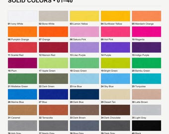 May include: A color chart titled Faithin3D SOLID COLORS 01-40 displaying forty rectangular swatches arranged in an eight-by-five grid. Each swatch is labeled with a unique number and a corresponding color name ranging from white to black.