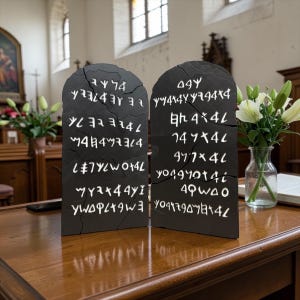 May include: Two black stone tablets with rounded tops, featuring white engraved ancient-style characters. The tablets appear fractured with visible cracks running across the surfaces, standing upright as a pair on a polished wooden surface.