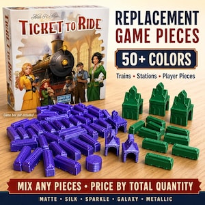 May include: A Ticket to Ride board game box featuring a steam locomotive and characters, alongside a collection of purple and green plastic train and station game pieces. Text on the image includes REPLACEMENT GAME PIECES 50+ COLORS.