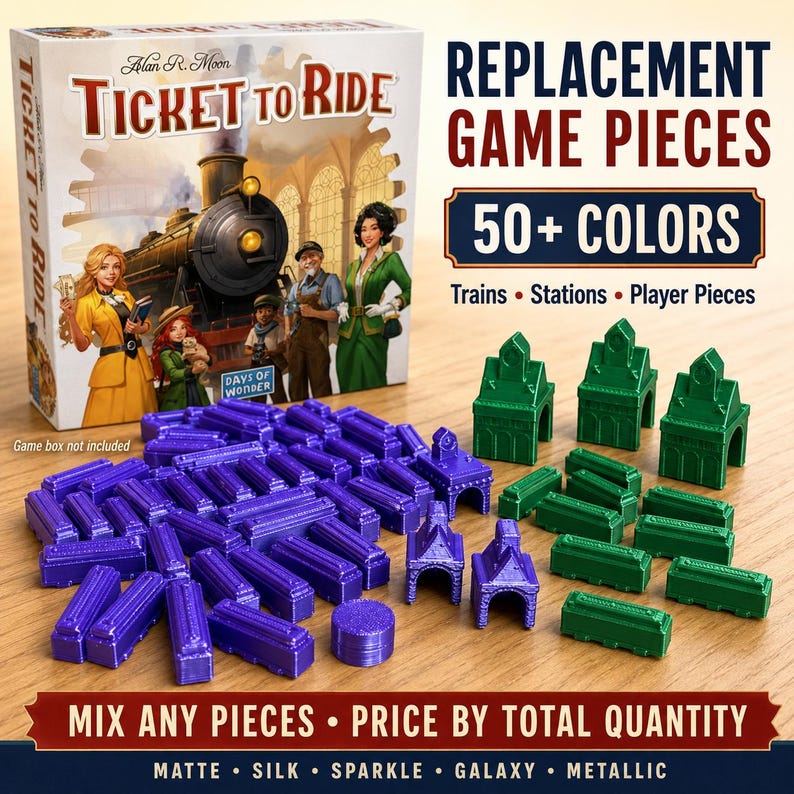 May include: A Ticket to Ride board game box featuring a steam locomotive and characters, alongside a collection of purple and green plastic train and station game pieces. Text on the image includes REPLACEMENT GAME PIECES 50+ COLORS.