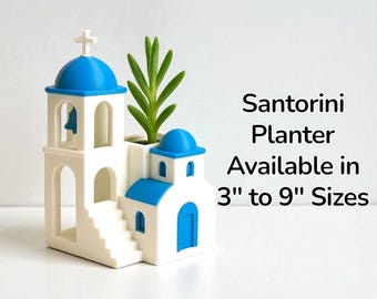 Santorini Planter | Greek House Succulent Pot | Modern Desk Decor | Blue & White Greek Church | Multiple Sizes 3” to 9"