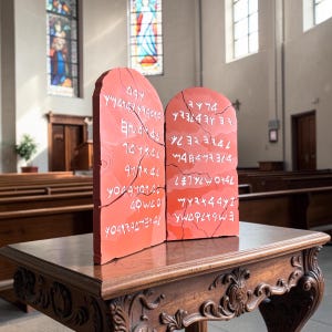 Könnte beinhalten: Zwei rote Tafeln mit weißen Inschriften, die an die Zehn Gebote erinnern, werden auf einem Holztisch ausgestellt. Die Tafeln sind zerbrochen und stehen vor einem Kirchenraum mit Buntglasfenstern.