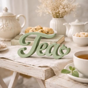 Puede incluir: Un letrero de madera color verde salvia con la palabra Tea en letra cursiva, con un pequeño corazón integrado en la letra a. El letrero es independiente y tiene un acabado mate suave, diseñado para exhibirse sobre una mesa como adorno.