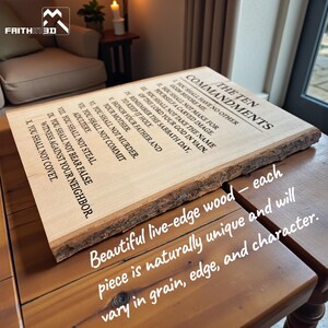 Tablet met tien geboden op hout met levende randen – Hebreeuws of Engels, lasergegraveerd, 3 maten afbeelding 6