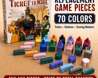 Vervangende spelonderdelen voor Ticket to Ride: treinen, stations, speelstukken.