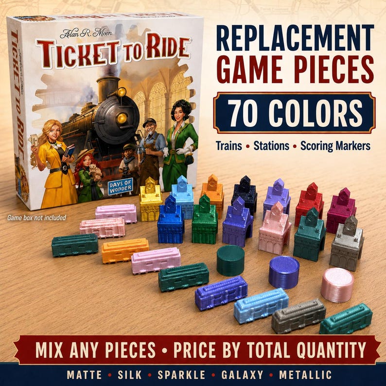 May include: A Ticket to Ride board game box next to a collection of replacement game pieces including miniature trains, stations, and scoring markers in various colors and finishes. Text on the image reads Replacement Game Pieces 70 Colors.