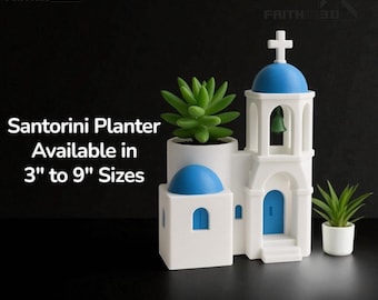 Santorini Chapel Planter • Blue-Dome Bell Tower • Greek Church Scene • Footprint Sizes 3″–11″ • Custom Colors/Drainage