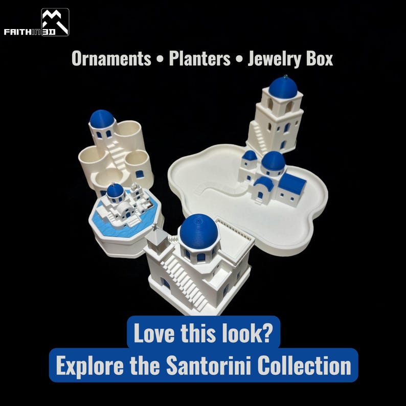 May include: A collection of white and blue Santorini-themed ornaments, planters, and a jewelry box. The designs feature iconic blue-domed buildings and white structures. Text on the image reads: "Ornaments &bull; Planters &bull; Jewelry Box" and "Love this look? Explore the Santorini Collection."