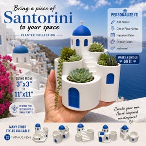 May include: A white planter shaped like a Santorini building with a blue dome, blue doors, and stairs, containing various green succulents. Text includes "Bring a piece of Santorini to your space" and "Sizing from 3"x3" to 11"x11"."