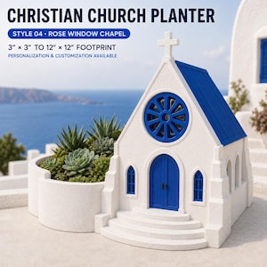 May include: A white church-shaped planter with a blue roof, blue arched doors, and a blue rose window. The structure features a cross on the roof and an attached curved basin containing green succulents. Text reads CHRISTIAN CHURCH PLANTER.