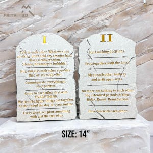 May include: Two light gray stone-like tablets, 14 inches in size, featuring gold text and cracked patterns. Tablet I lists relationship rules including talk to each other and communicate everything. Tablet II lists rules like pray together and have fun.