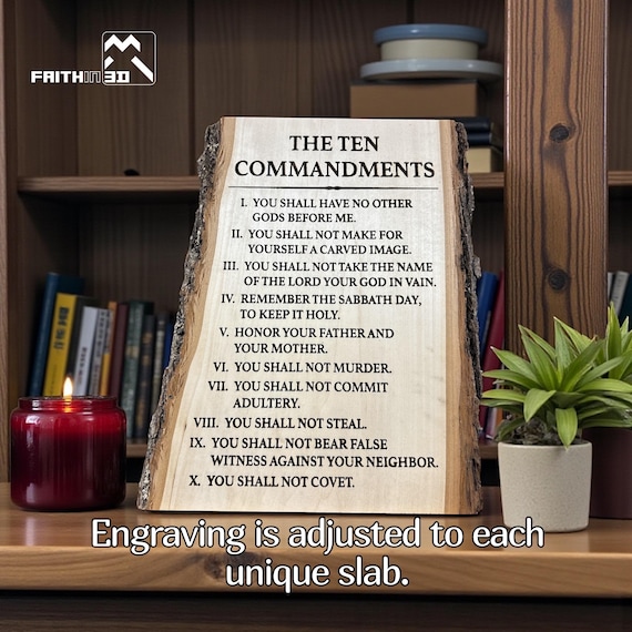 Ten Commandments Tablet on Live Edge Wood – Hebrew or English, Laser Engraved, 3 Sizes
