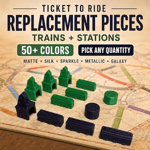 May include: Replacement game pieces for Ticket to Ride including green and dark purple trains, stations, and round markers. Text reads: TICKET TO RIDE REPLACEMENT PIECES TRAINS + STATIONS 50+ COLORS PICK ANY QUANTITY MATTE &bull; SILK &bull; SPARKLE &bull; METALLIC &bull; GALAXY.