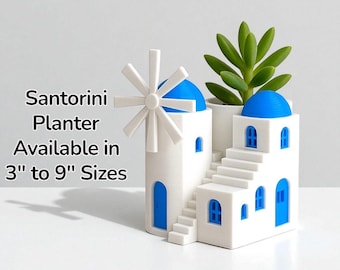 Maceta Santorini n.° 9 • Escena de isla griega con cúpula azul • Maceta para plantas suculentas • Tamaños de base de 3” a 11” •