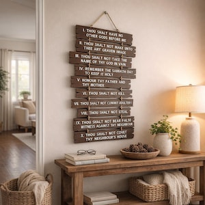 10 Commandments Wall Art – Wood-Like Plaques | Rustic Scripture Decor | Lightweight Hanging Sign