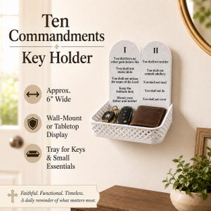 May include: A white wall-mounted key holder featuring a tray with a lattice pattern and two arched back panels inscribed with the Ten Commandments. The unit is approximately 6 inches wide and holds keys and a brown wallet on its surface.