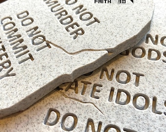 Ten Commandments Tablets Plaques - Hebrew, English, 8&quot; tall, Marble/Rock Like