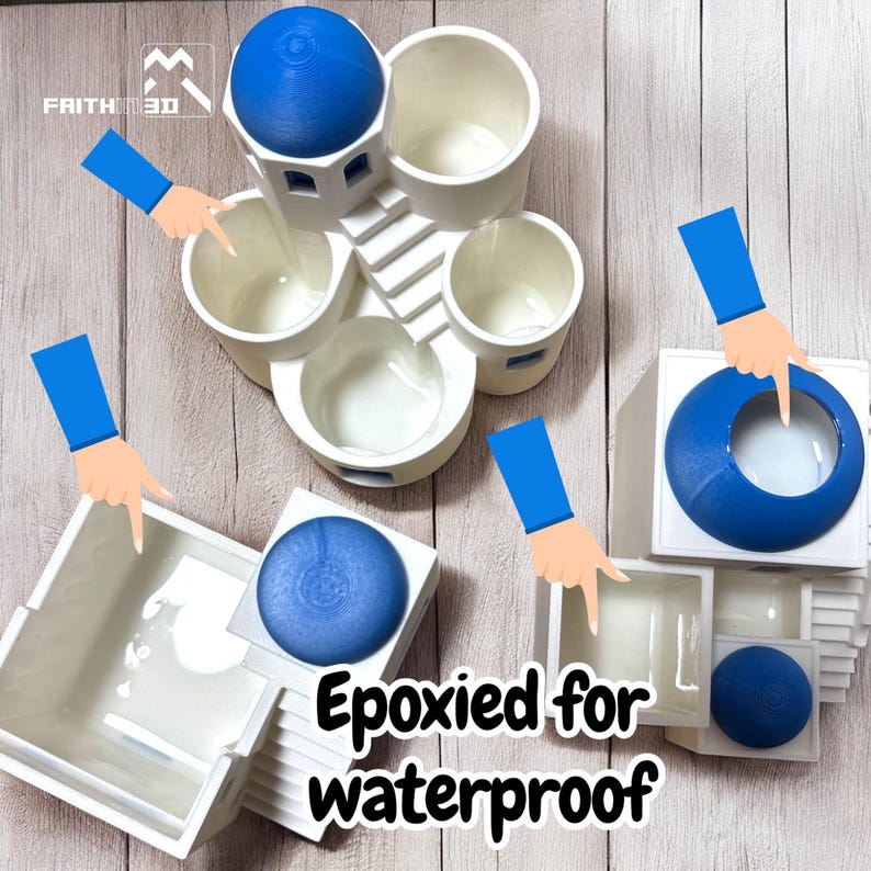 May include: A collection of white, geometric, 3D-printed containers with blue accents. The design includes a domed structure, square boxes, and circular elements. The text "Epoxied for waterproof" is visible. The Faith 3D logo is in the upper left corner.