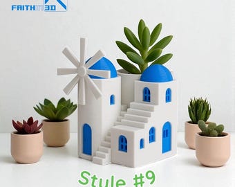 Santorini House Planter: Greek-Style 3D Art Home Decor, Blue Dome Church, Blue Dome House