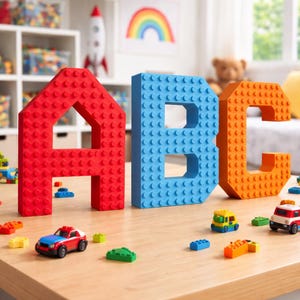 May include: Large red, blue, and orange building block letters spelling "ABC" on a wooden table. Small toy cars and blocks are scattered around the letters. A rainbow and rocket ship are in the background.